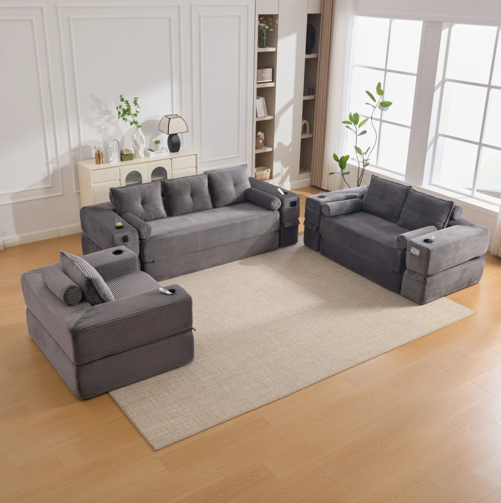 Divano Letto in Velluto a Coste per 3 Persone con Schiuma ad Alta Densità e Molle, Cuscini Memory e Porta Bevande, 232x98x80 cm