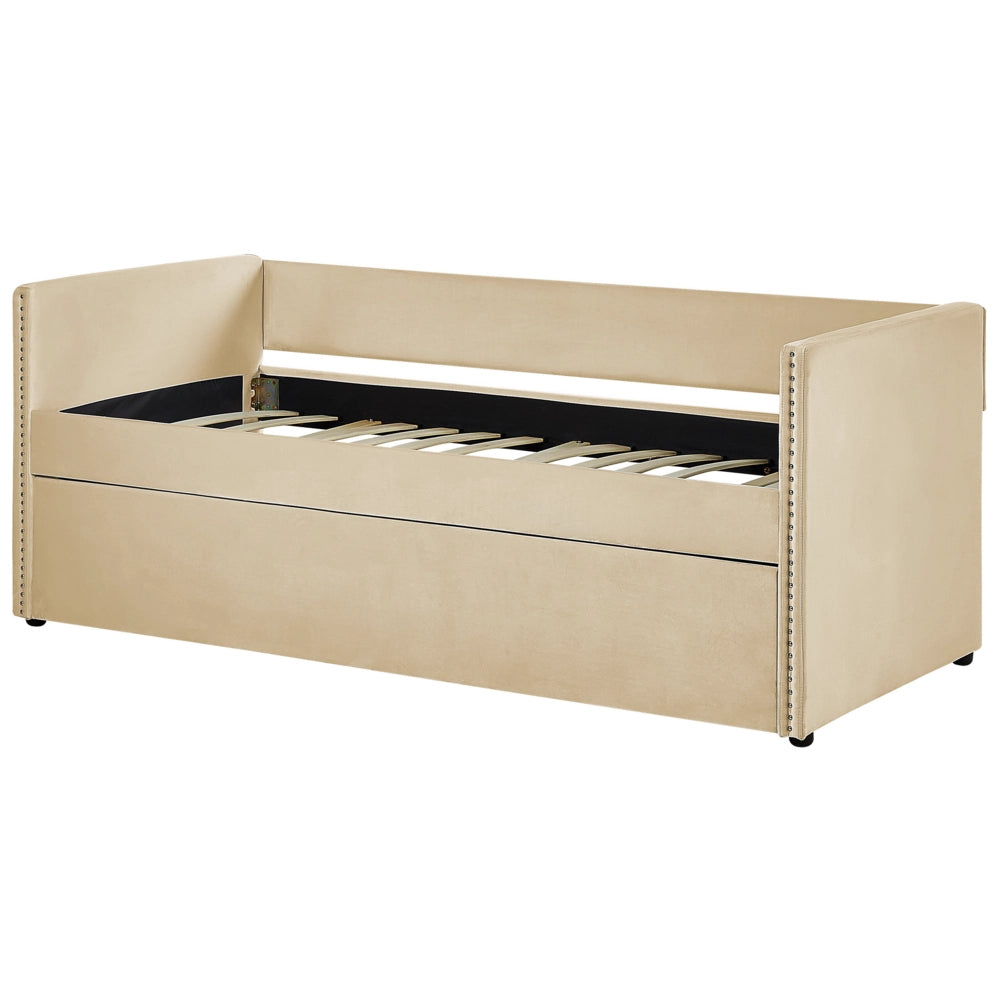 Letto estraibile 90 x 200 cm Velluto beige Singolo doghe in legno Daybed Glamour Borchie decorative
