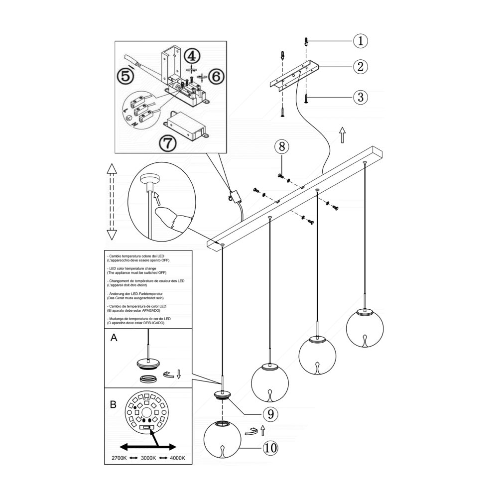 Ariel - Lampada a sospensione 4 luci Fabas Luce - LED 28W dimmerabile - Trasparente Design a sfera
