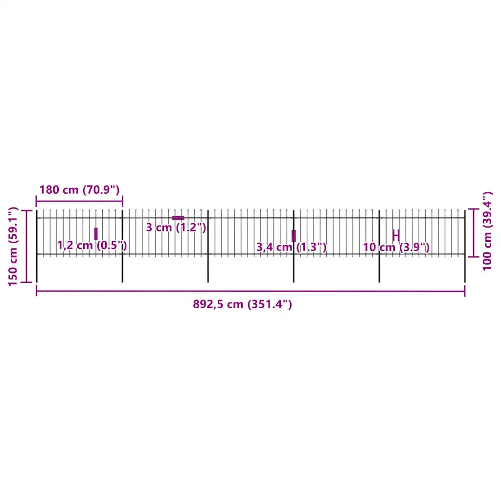 Recinzione da Giardino | Recinzione da cortile con Punta a Lancia in Acciaio 892,5x100 cm Nero