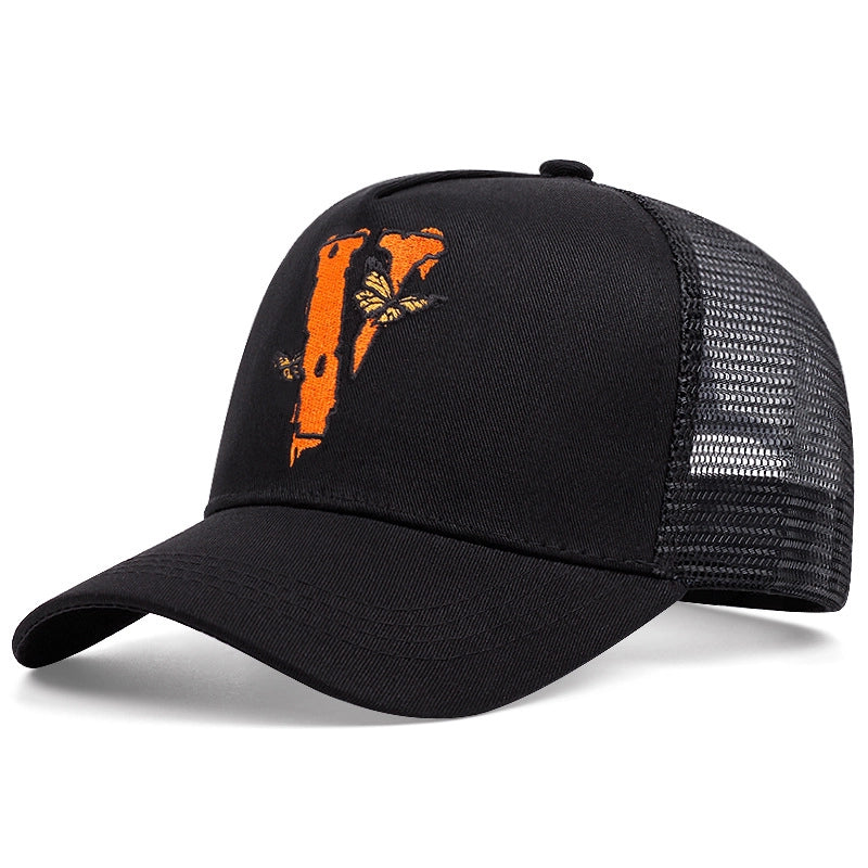 Cappellino da baseball casual regolabile con ricamo a farfalla V, colore nero