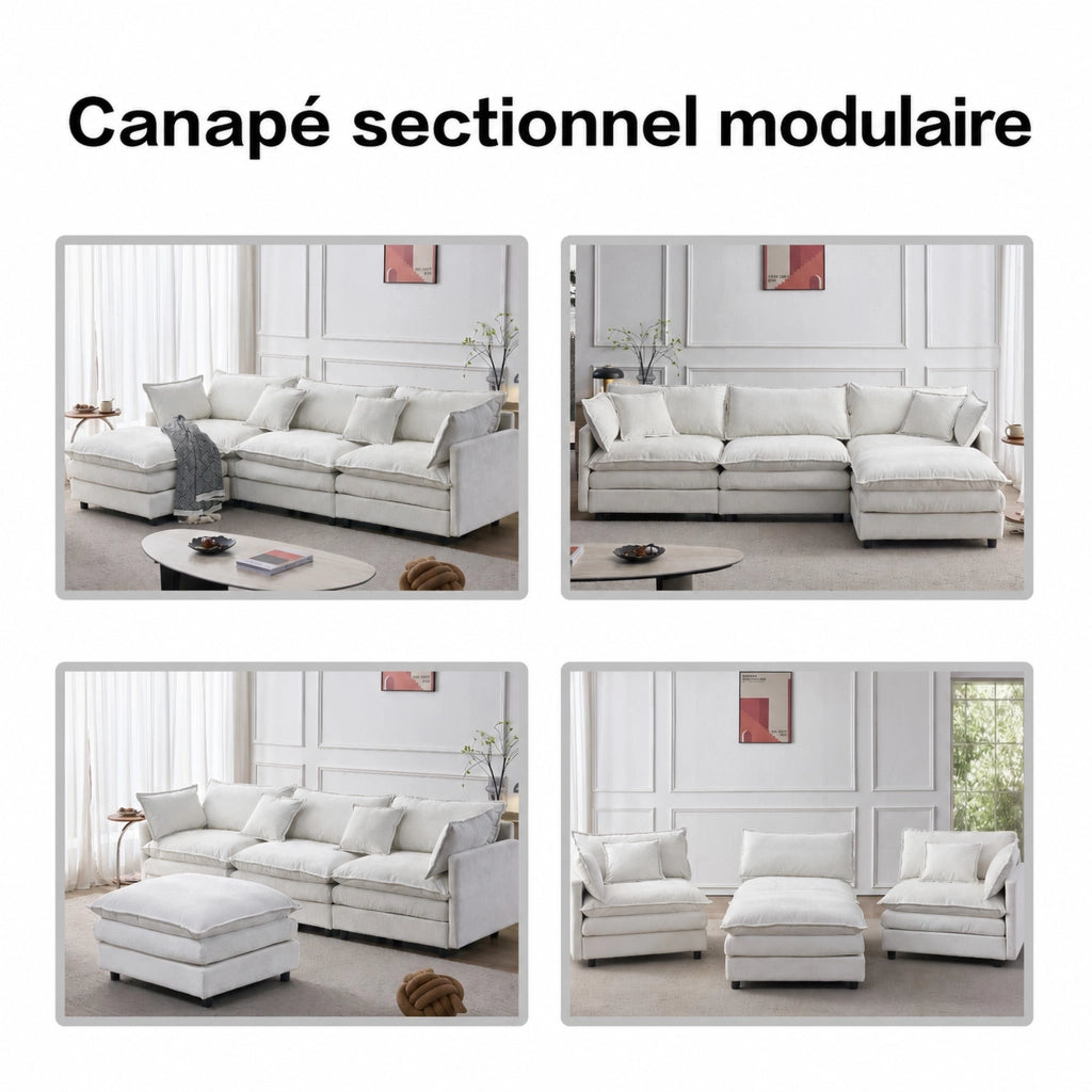 Divano angolare modulare in chenille con pouf mobile e 3 posti, struttura in legno massiccio, beige