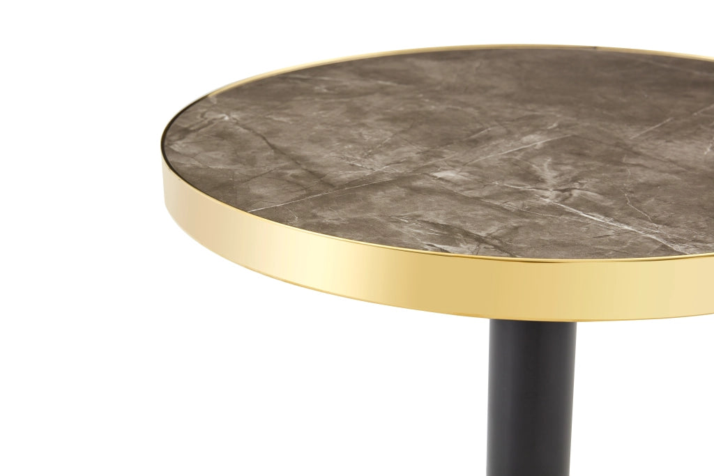 Tavolino basso rotondo con piano effetto marmo e bordo metallico dorato, base stabile in metallo, 60 × 73,7 cm