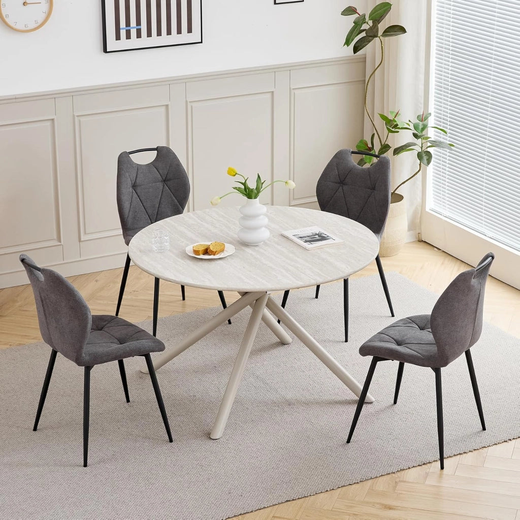 GrandCA HOME Set Tavolo da Pranzo e Sedie Tavolo da Pranzo Rotondo da 115 cm e 4 Sedie Moderne in Lino Per Sala da Pranzo, Cucina, Soggiorno（Grigio Chiaro + Cenere）