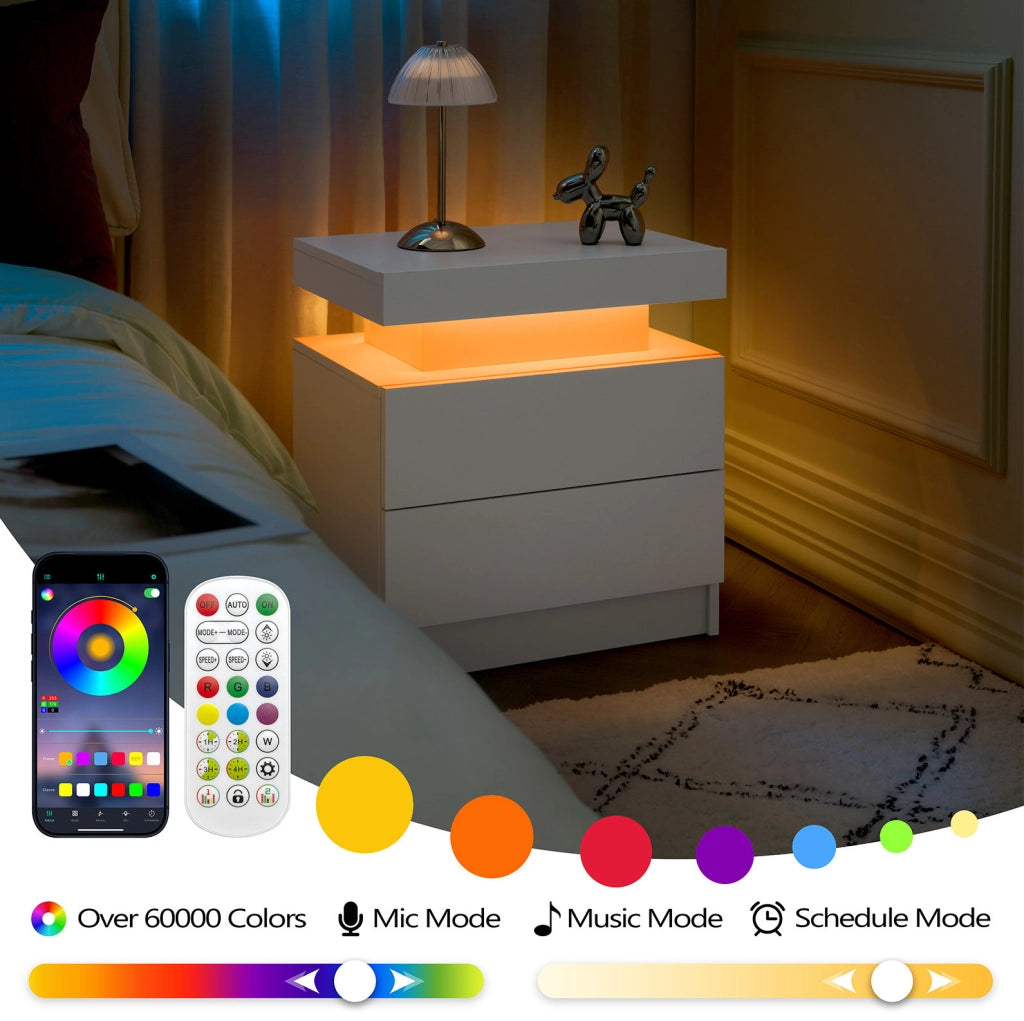 Comodino bianco con LED multicolore regolabile; vano aperto e 2 cassetti