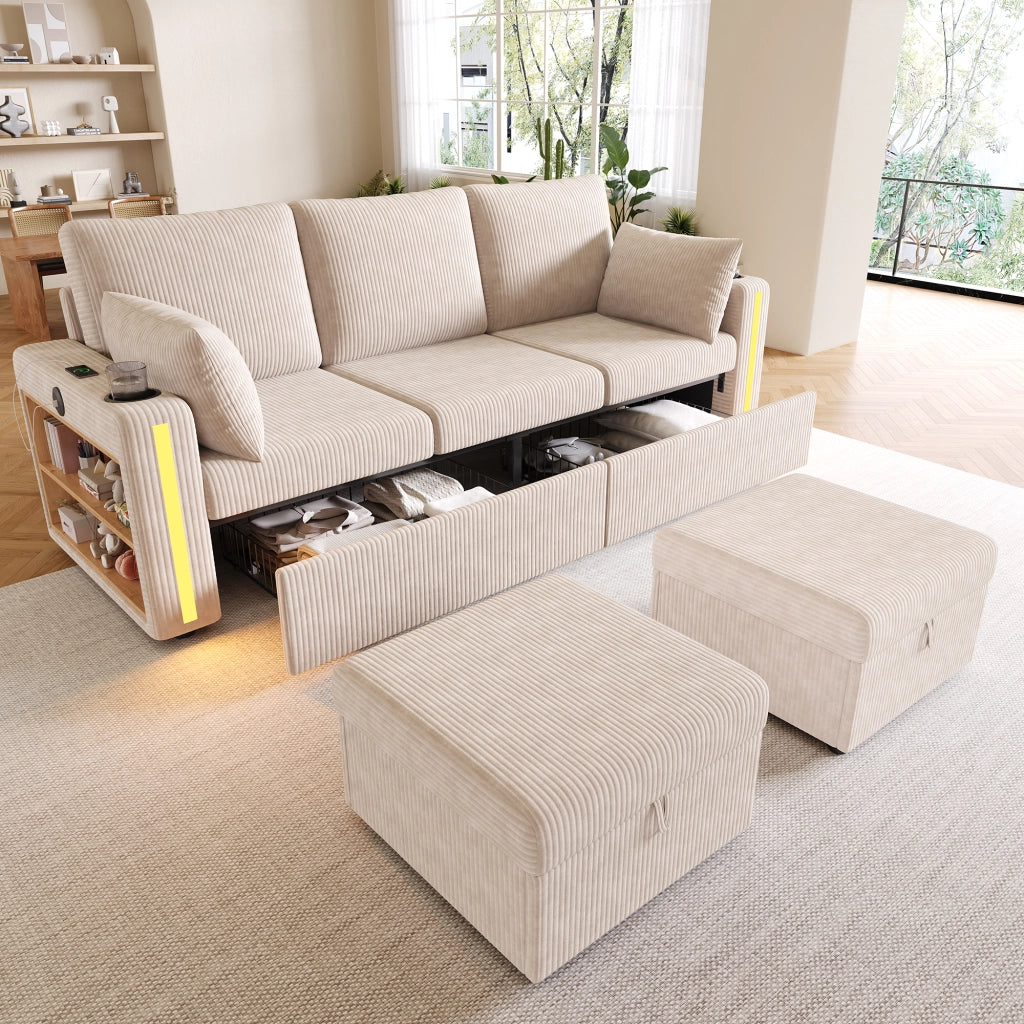 DIVANO Modulare U/L 190x130x85 cm in corda Beige con 2 pouf contenitore