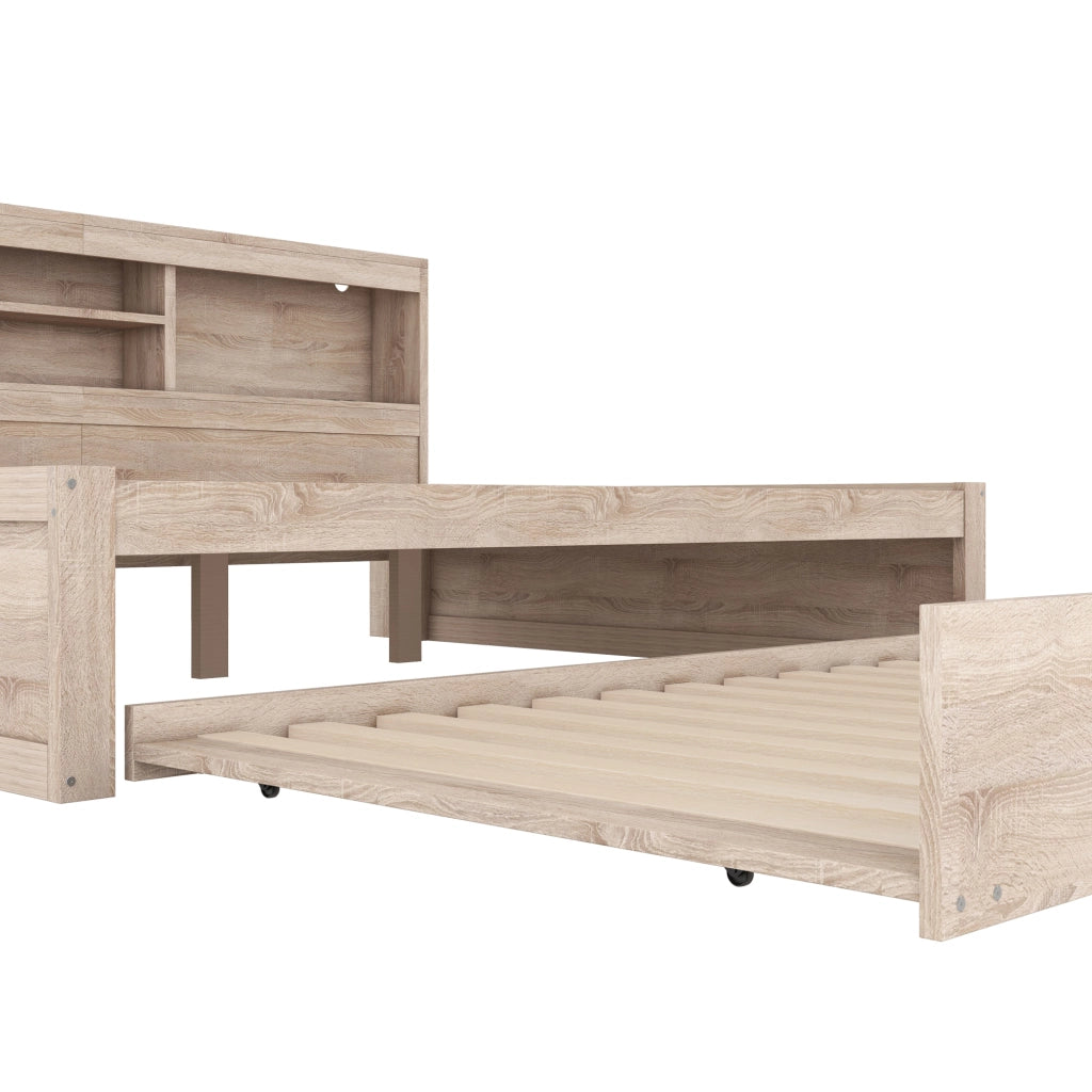 OKWISH Letto a Scomparsa 140×200 cm, Letto Matrimoniale con LED, Letto Estraibile, Vano laterale e USB, senza Materasso, Naturale