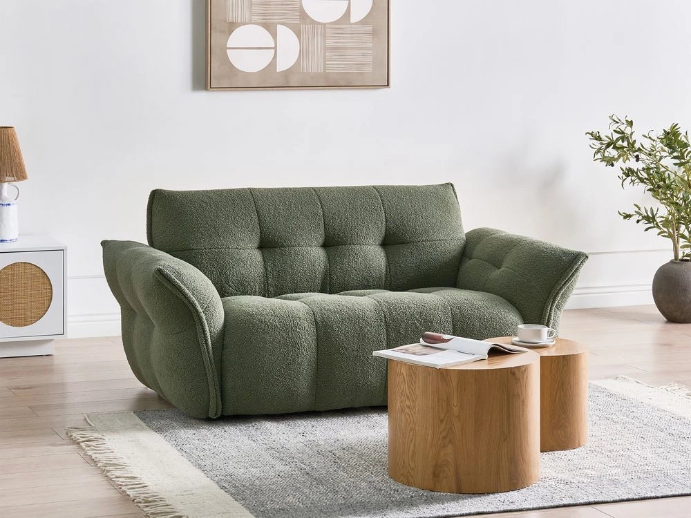 Divano a 2 posti Verde scuro Boucle imbottito Schienale e parte anteriore Gambe nere in legno Soggiorno Arredamento accogliente e morbido