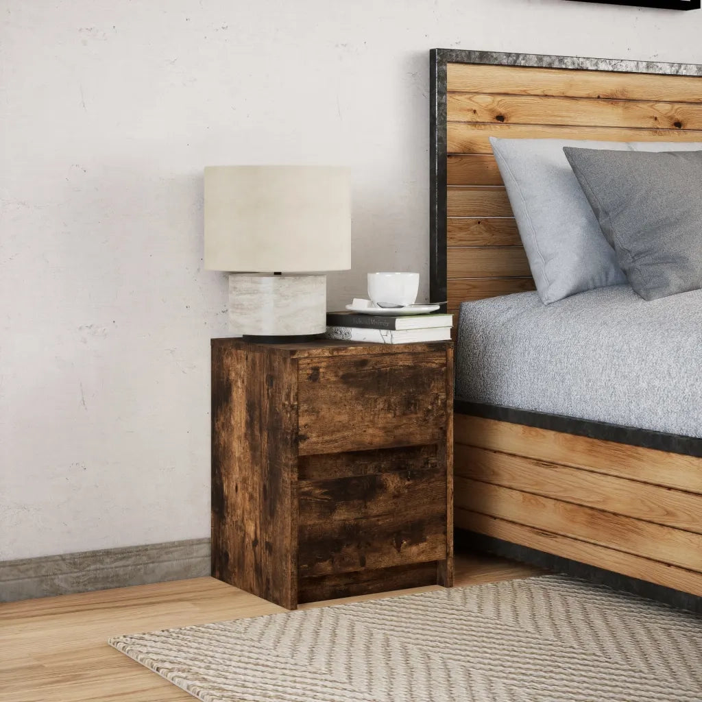 Comodino con Luci LED Rovere Fumo in Legno Multistrato