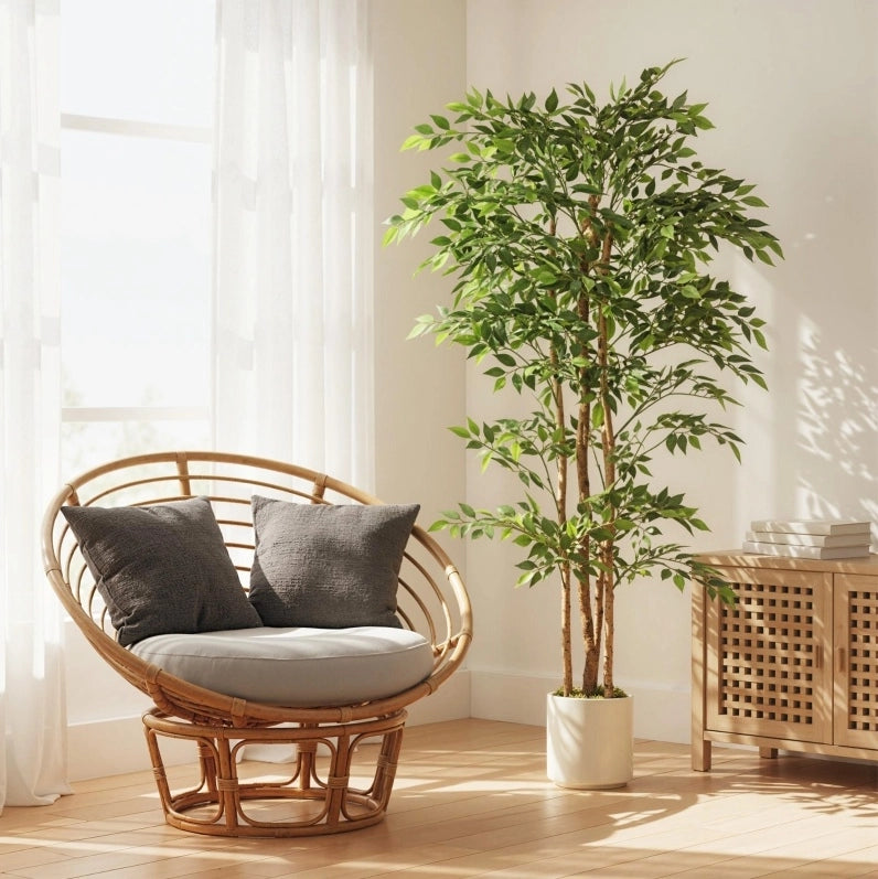 Pianta artificiale Banyan 75x75x180 cm con foglie regolabili in plastica verde
