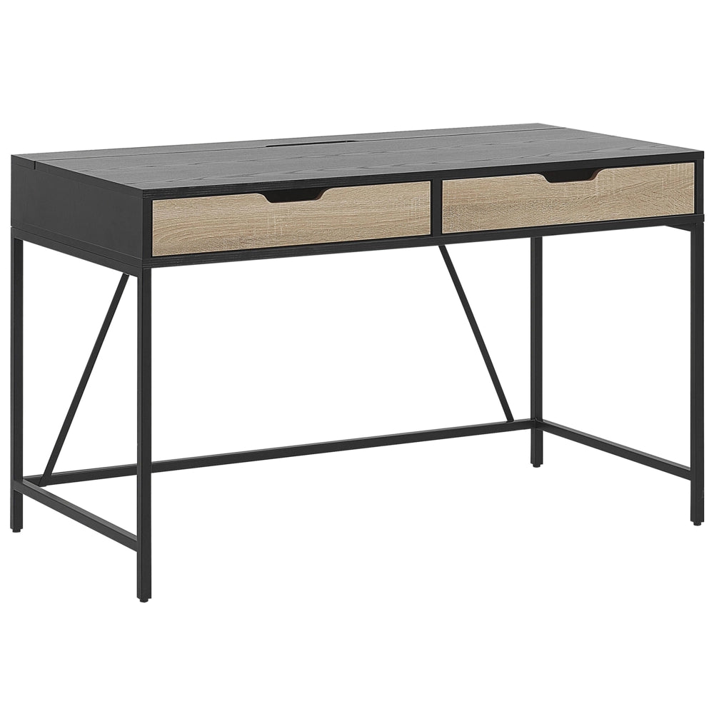 Scrivania da casa Piano in legno Nero Base in metallo 2 cassetti Legno chiaro 120 x 60 cm Design minimalista