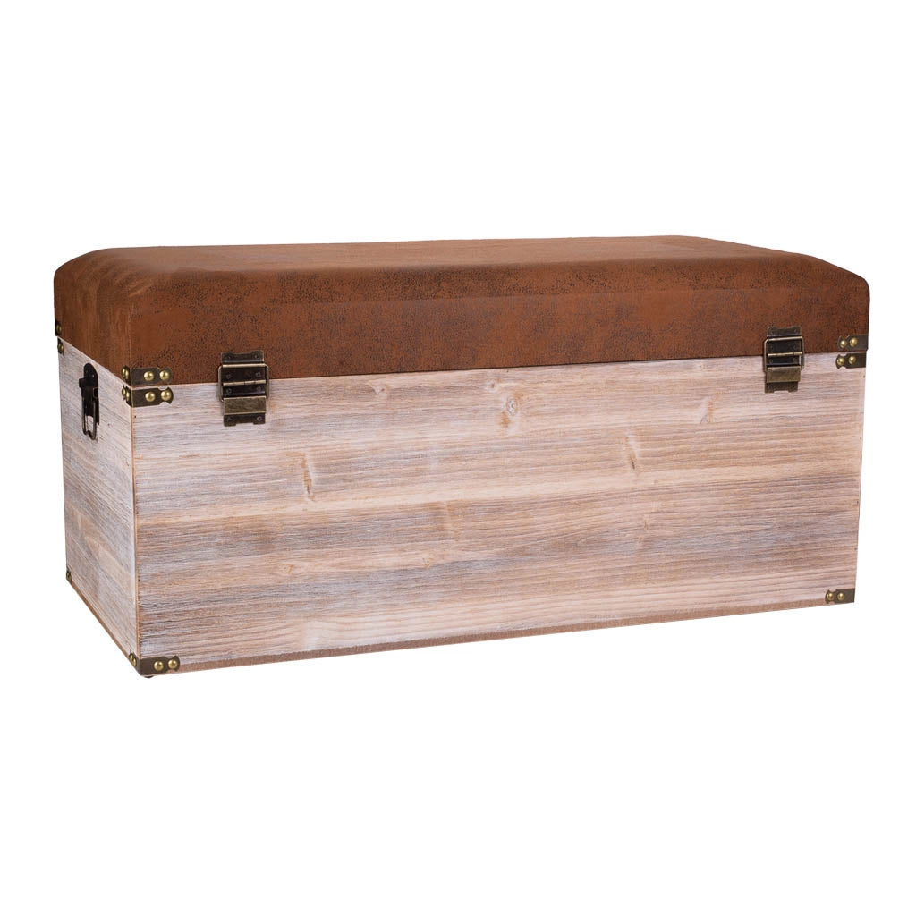 Baule in legno e Sgabello in similpelle marrone 80x40x38h