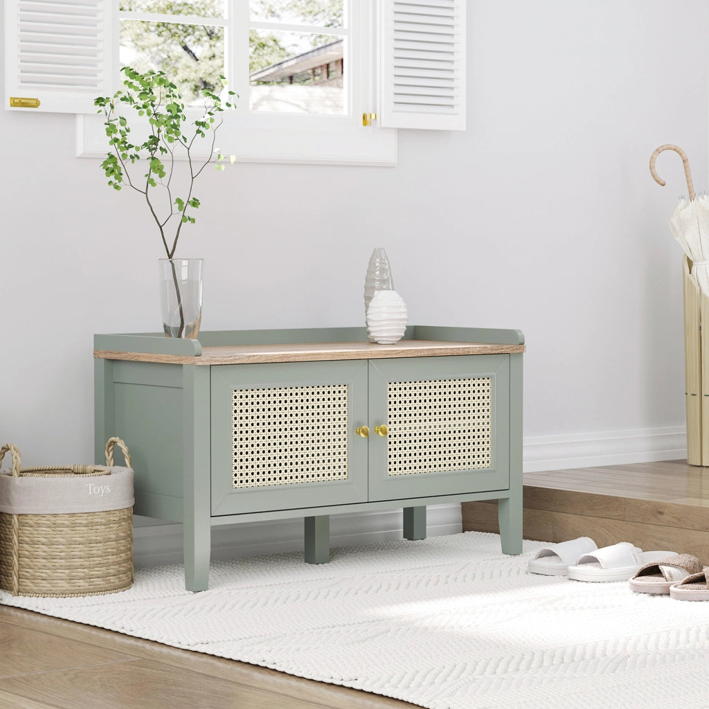 Scarpiera con ripiani e ante in rattan ¨C Zephmum ¨C Verde 80x30x90