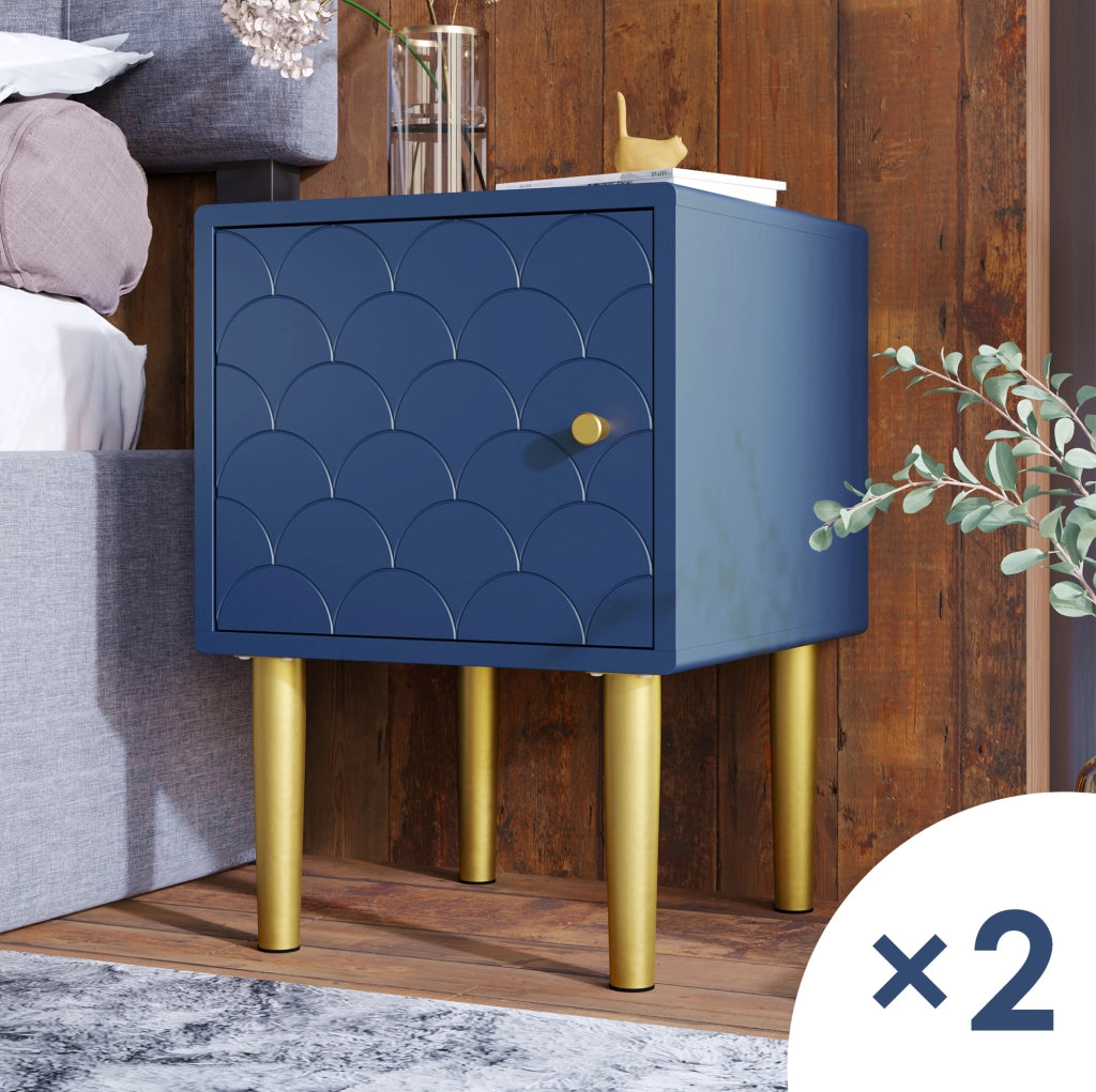 Set di 2 comodini con motivo a squame di pesce; 35x35x51 cm; in truciolare e metallo; blu navy