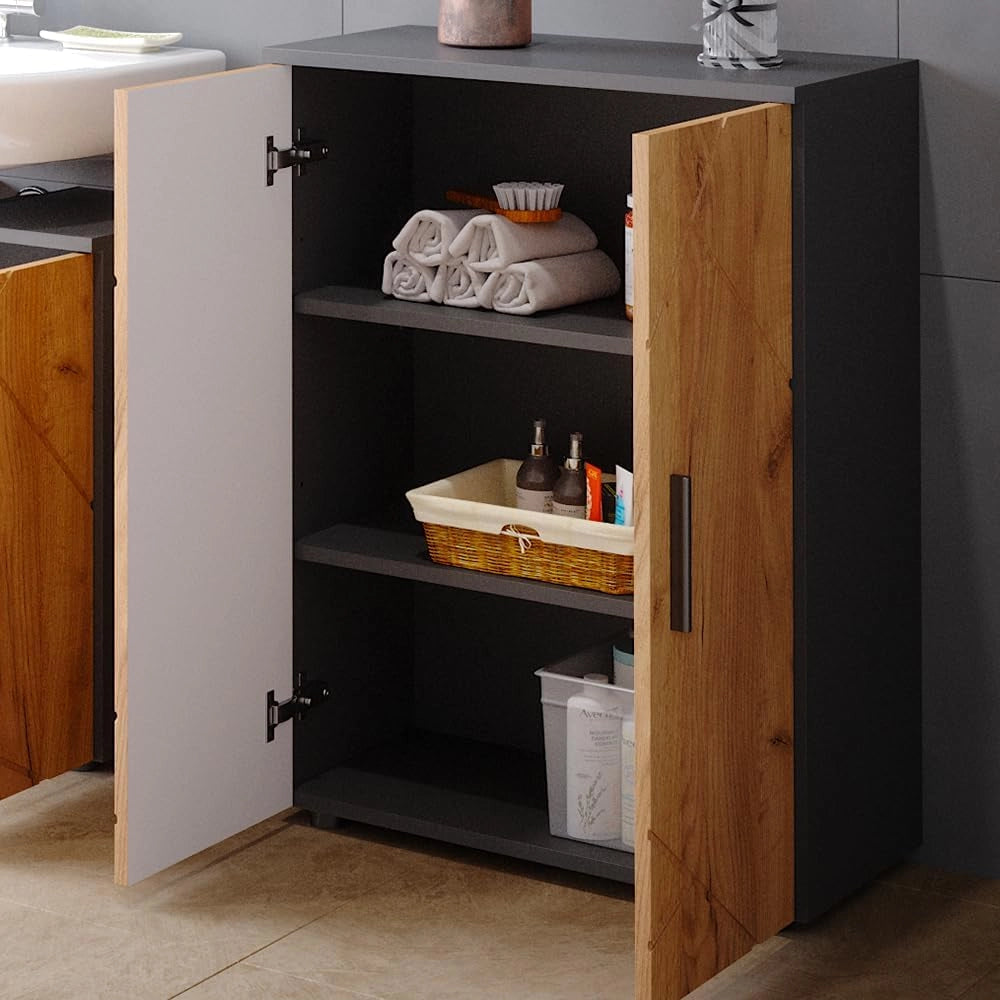 Mobiletto bagno Irma, Antracite/quercia dorata, 60 x 81 cm, per la conservazione in bagno e abbinabile alla serie Irma