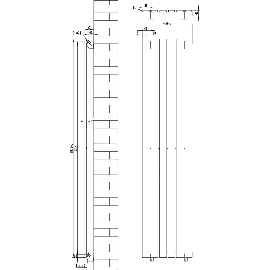 Radiatore Verticale  1800 x 420 mm con Valvole TRV Grigio Antracite