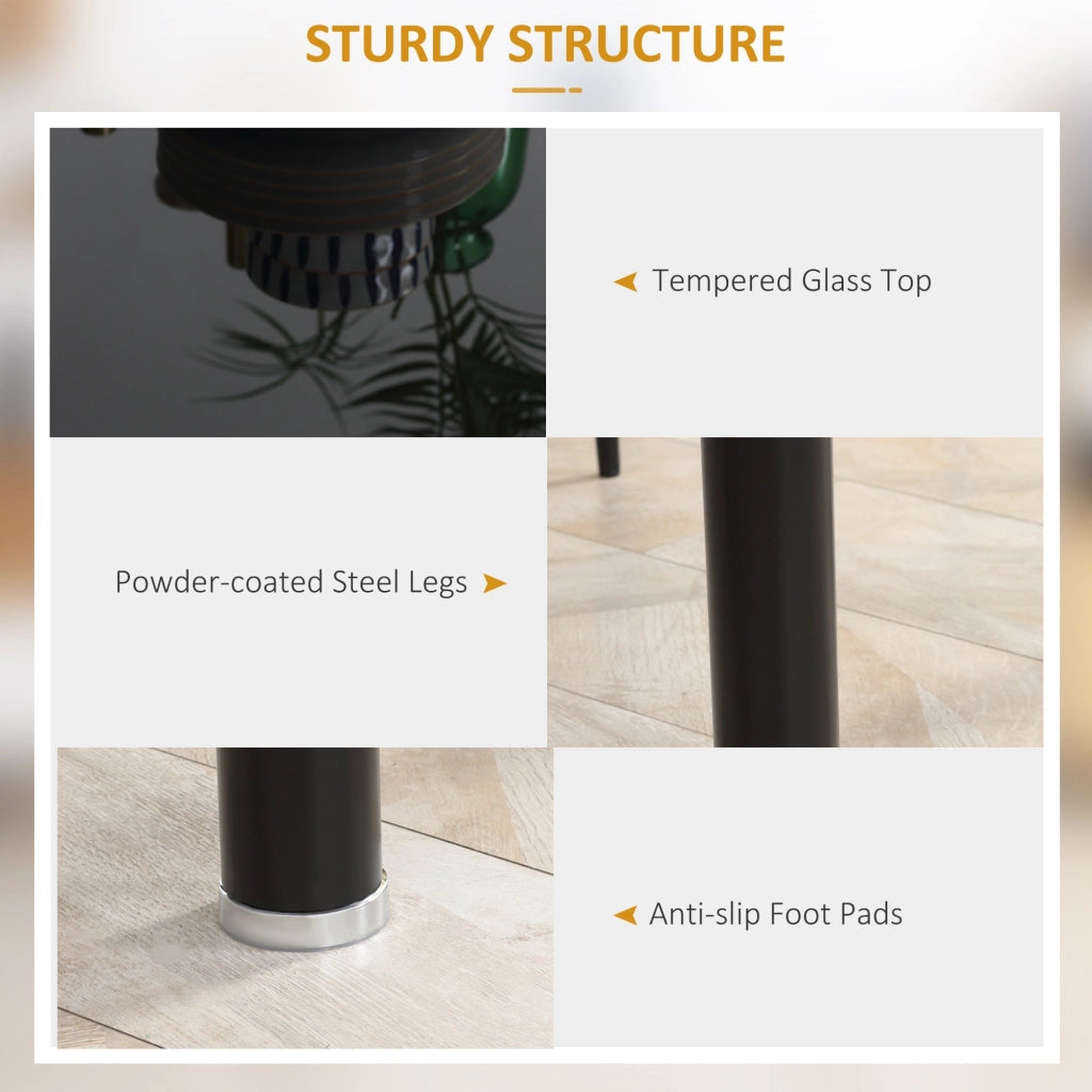 Set Tavolo da Pranzo con Piano in Vetro e 4 Sedie Imbottite in Finta Pelle Nero