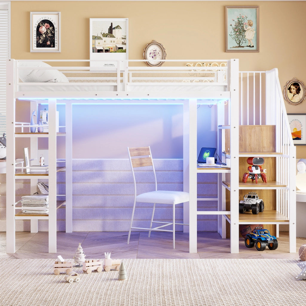 OKWISH Letto A Soppalco 90×200 cm, Letto Singolo con LED, Presa, Scrivania, Mensole e Armadio, senza Materasso, in Metallo, Bianco