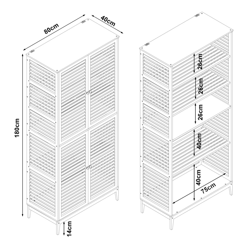 Armadio Alto Raurgela Multiuso Mobile da Terra per Bagno Cucina 180 x 80 x 40 cm - Bambù Naturale [en.casa]