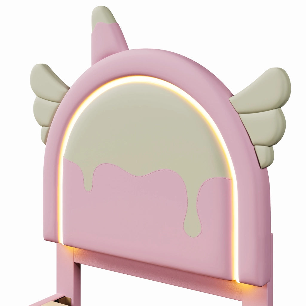 Letto Singolo per Bambini 90 x 200 cm con 2 Cassetti e Barra Luminosa; Forma Unicorno; senza Materasso; PU; Rosa