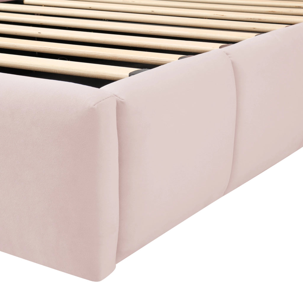 Letto singolo imbottito 90x200 cm in velluto rosa con contenitore; rete e porta USB