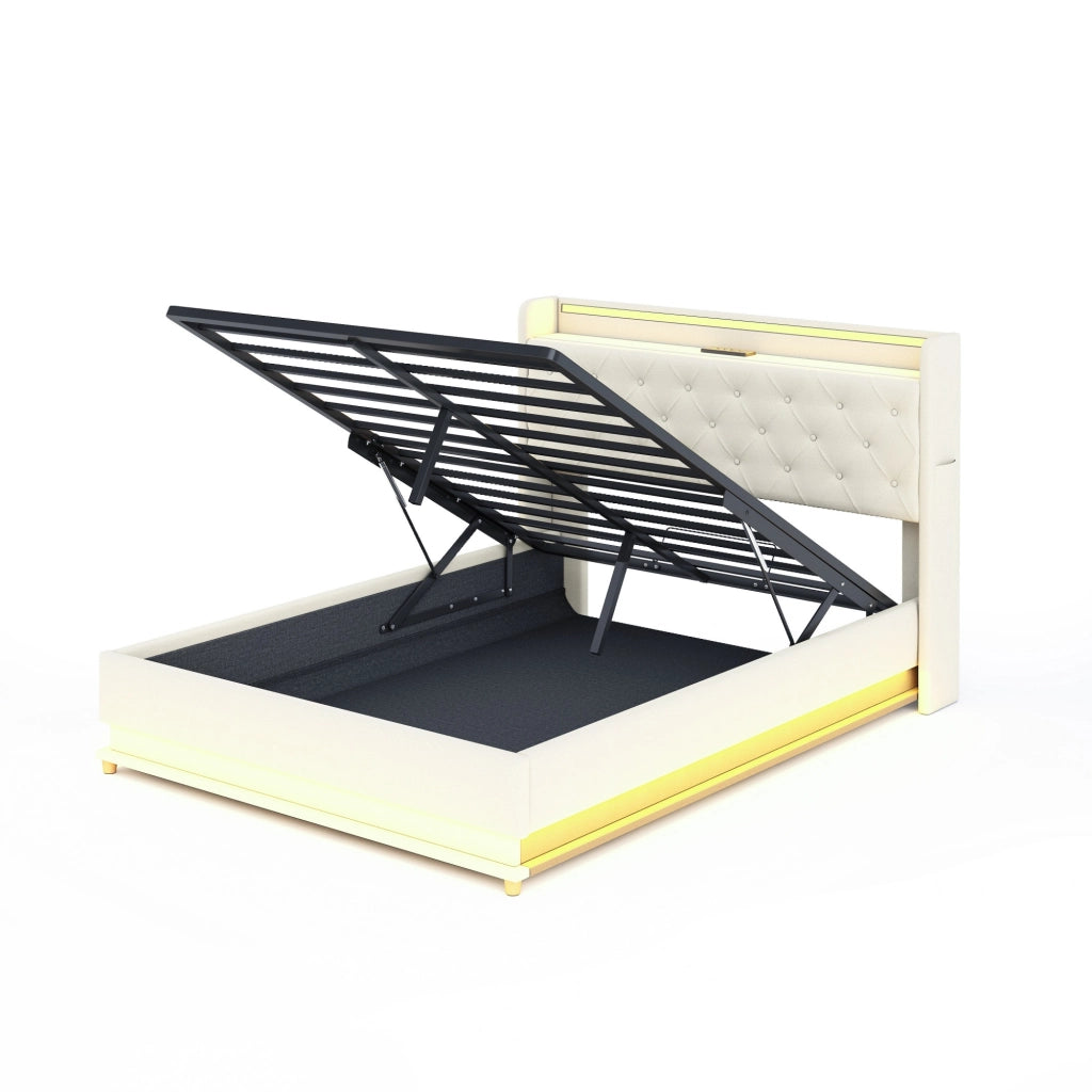 LETTO imbottito LED 140x200 cm beige con USB e vano contenitore idraulico