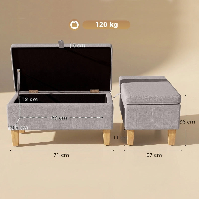 Panca contenitore imbottita con vano portaoggetti in effetto lino e gambe in legno, grigio chiaro 71 × 37 × 36 cm