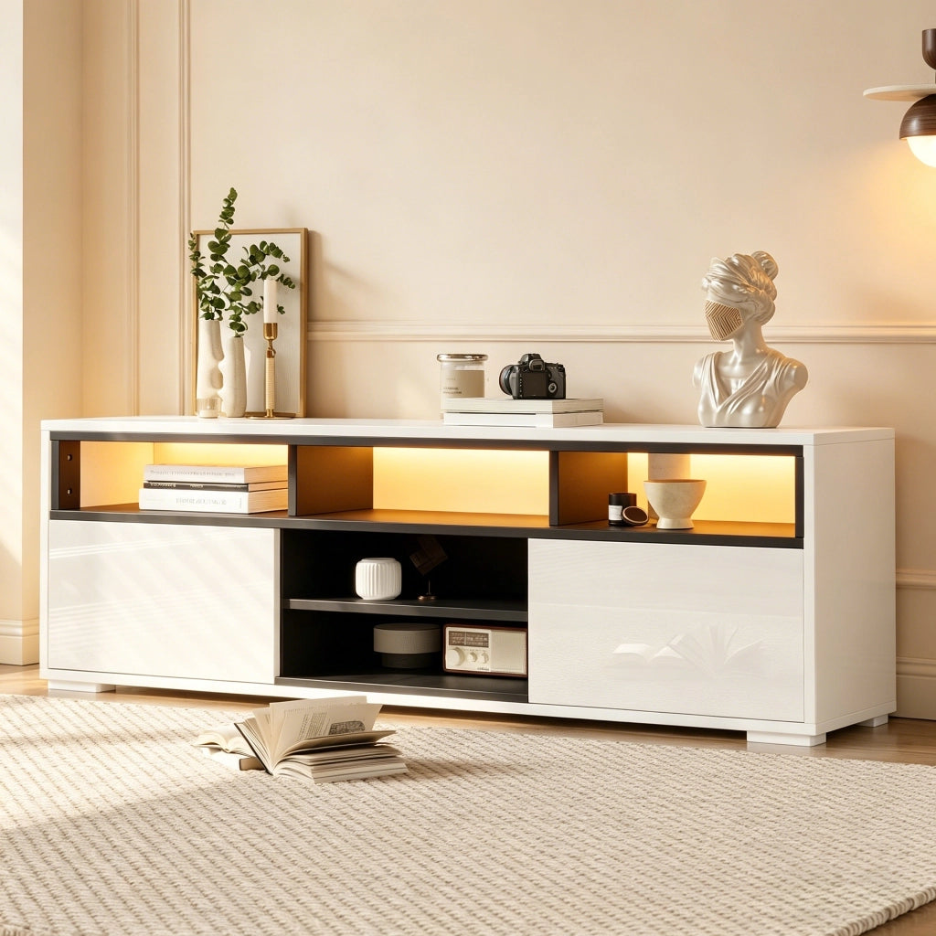 Mobile porta TV con LED, 2 ante e vani aperti, finitura lucida, per piccoli soggiorni, bianco, 150 × 35 × 50 cm