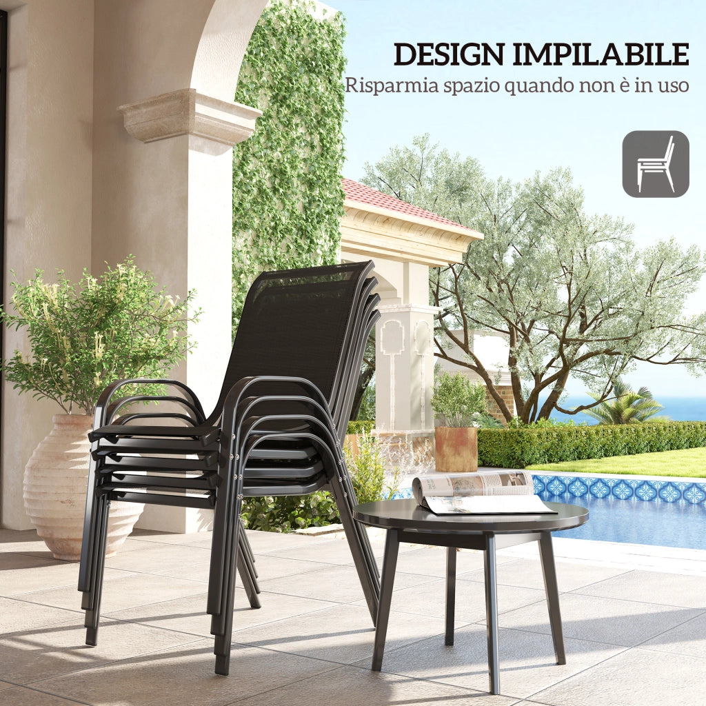 Set 4 Sedie da Giardino Impilabili ¨C Xylo ¨C Acciaio Nero Tessuto Rete Traspirante 54x71x93 cm