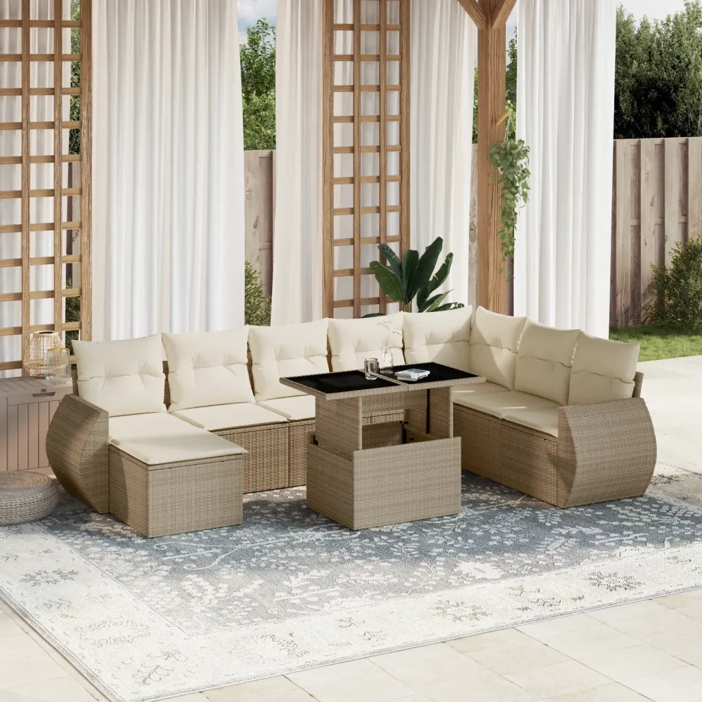 Set Divano da Giardino 9 pz con Cuscini Beige in Polyrattan