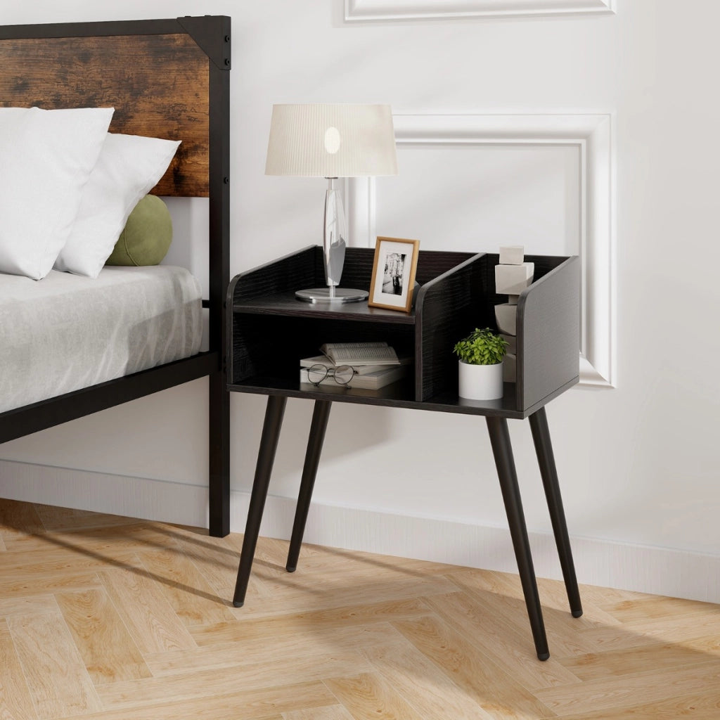 Comodino in stile moderno semplice ma pratico, Tavolino a 2 piani con mensole aperte Nero-Comodini