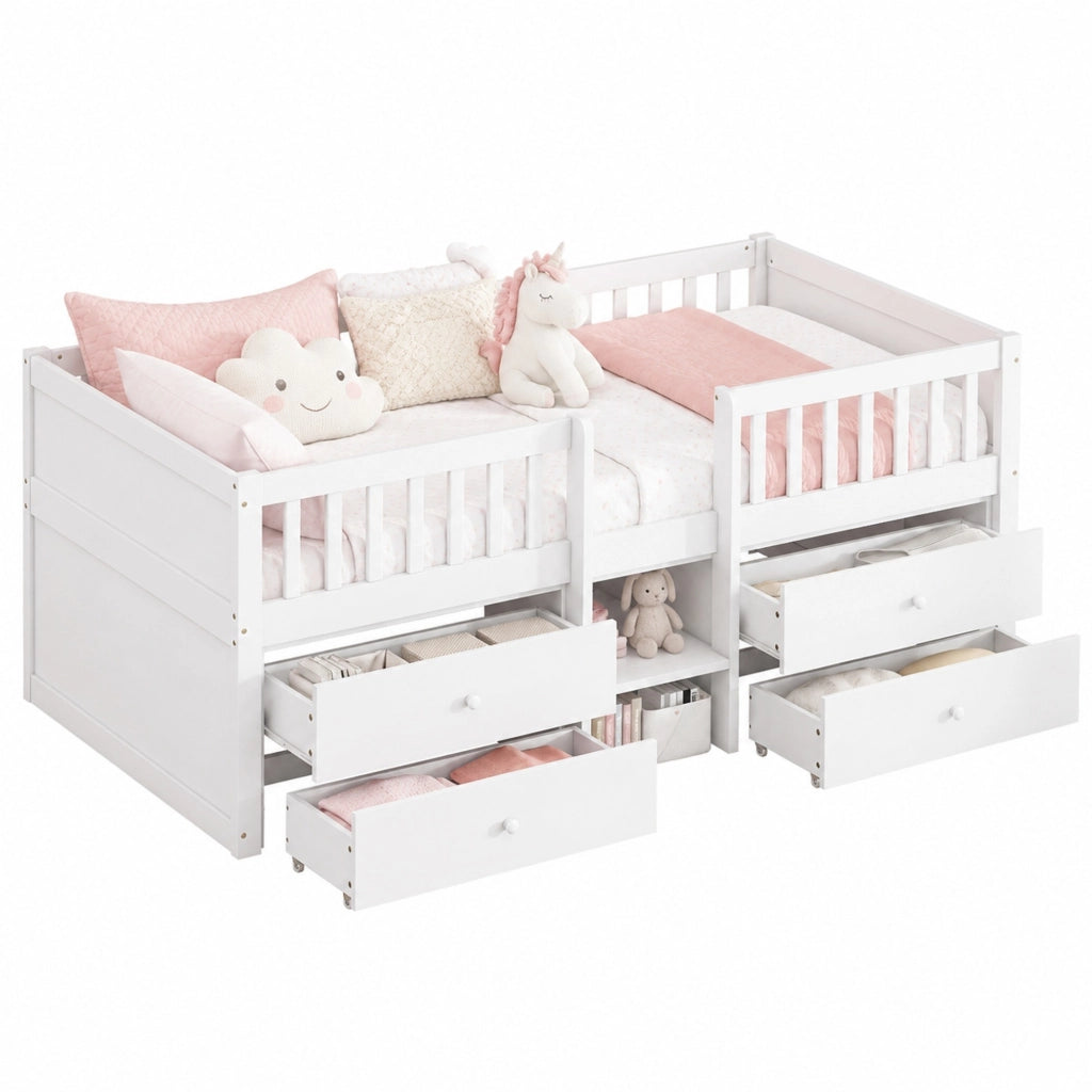 Letto semialto 90x200 cm bianco con 4 cassetti, scala e sponde di sicurezza