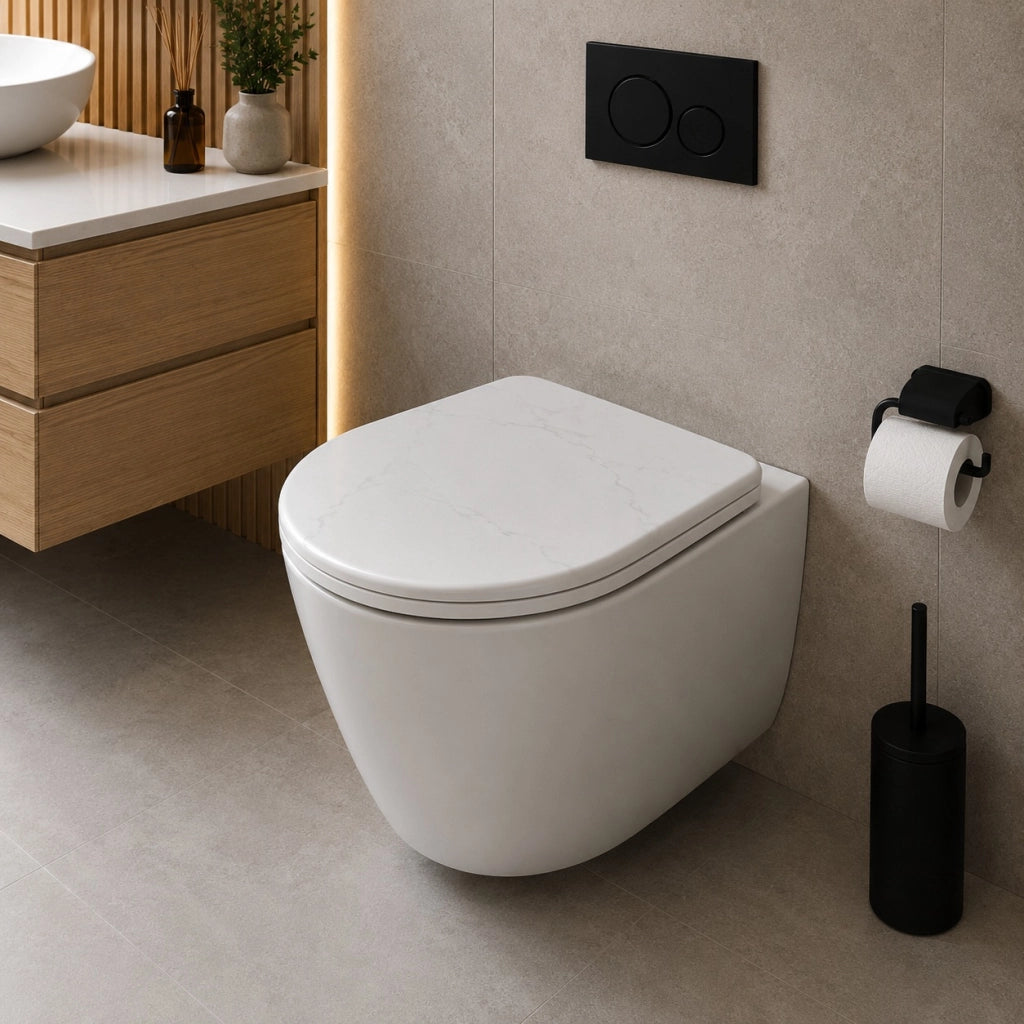 Sedile Copriwater Universale MDF Bianco Effetto Marmo Con Cerniere 94107