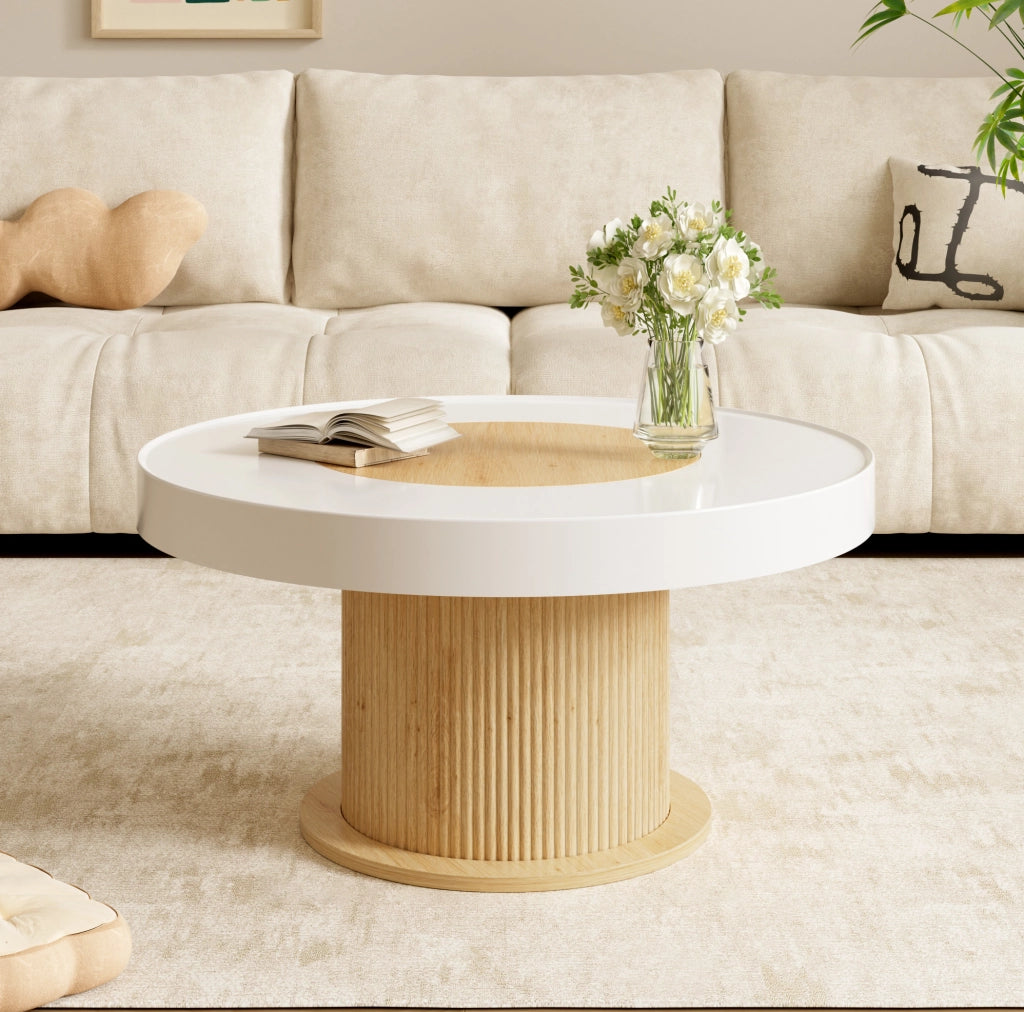 Tavolino da caffè 75x75x39 cm con piano rotondo bicolore e base cilindrica scanalata in MDF e PVC naturale e bianco