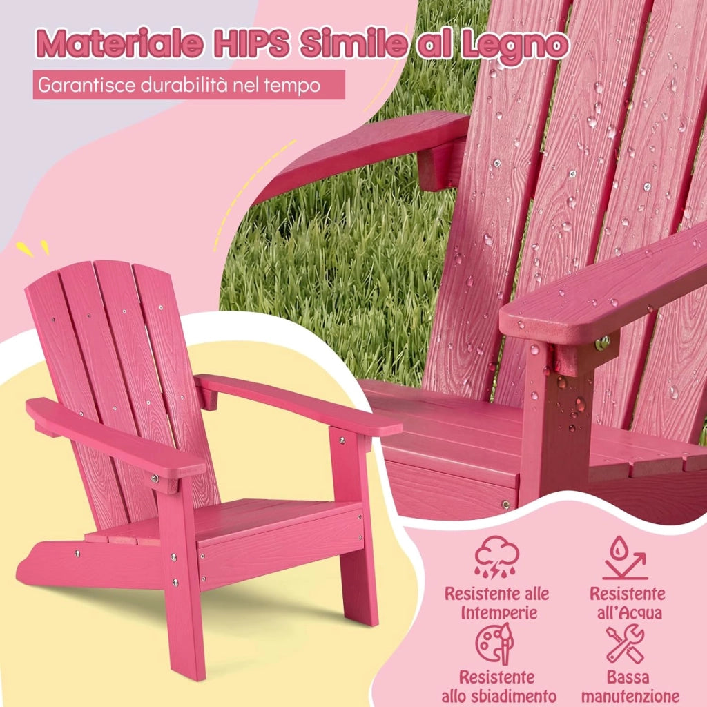 Sedia Adirondack per Bambini, Poltrona da Giardino in Plastica Resistente alle Intemperie con Schienale a Doghe Inclinato, Sedia Adirondack per Patio e Balcone, Portata 75 kg (Rosa)