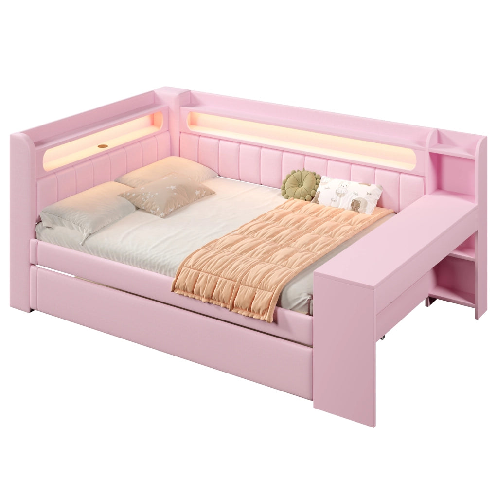 Letto a soppalco imbottito 140x200 cm rosa con LED; USB; letto estraibile e scrivania