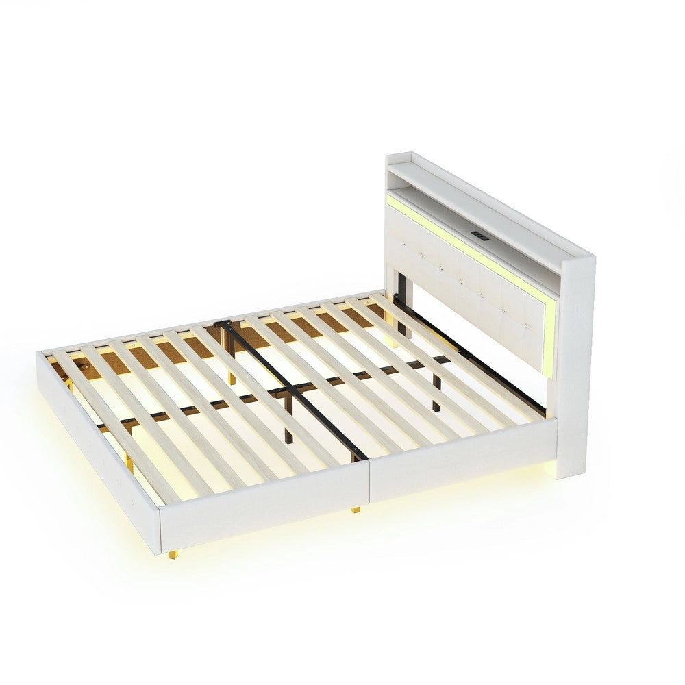 Letto Imbottito con LED e USB 140x200 ¨C MINIMAL ¨C Tessuto Beige