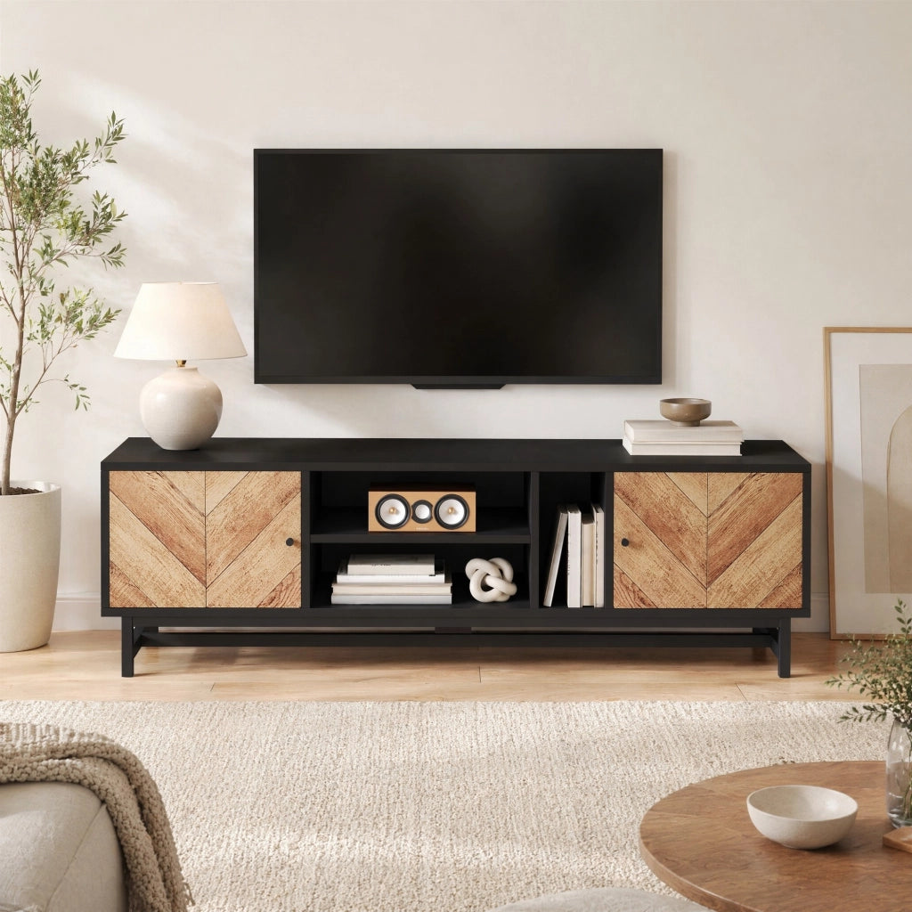 Mobile porta TV 150 cm nero e effetto legno con 2 ante e ripiani