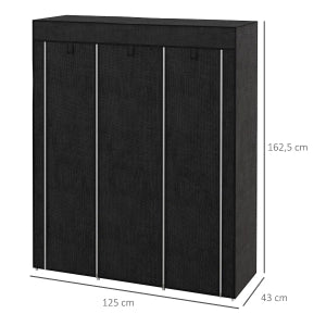 Armadio pieghevole in tessuto con doppia asta appendiabiti e 8 ripiani, 125x43x162,5 cm, nero