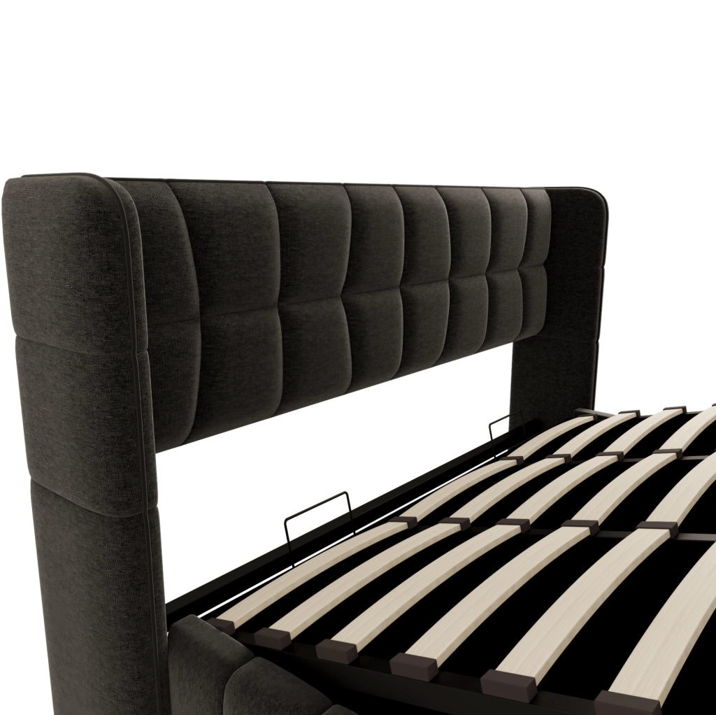 Letto contenitore imbottito 180x200 cm con rete a doghe e testiera grigio