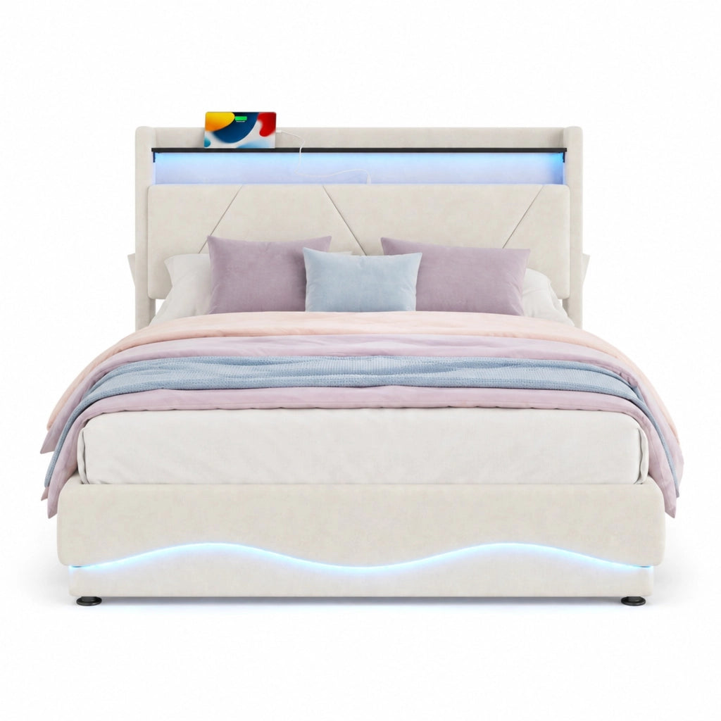 Letto imbottito 140x200 cm beige con LED, USB-C e contenitore