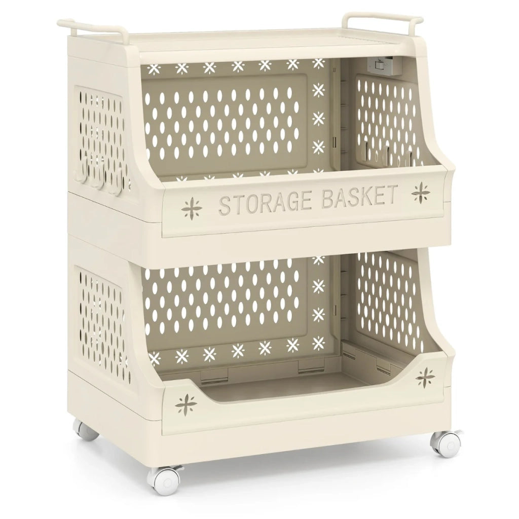 Moderno cesto portabiancheria impilabile su ruote 44,5 x 29,5 x 52,5 cm con ganci in PP beige 20_0017484