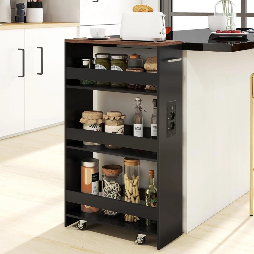 Scaffale per Nicchia da 20 cm di Larghezza, con Base di Ricarica, 4 Piani in Legno su Ruote, Scaffale Sottile per Cucina e Bagno, Carrello a Rotelle (Marrone+Nero, Largo 20cm, con presa)