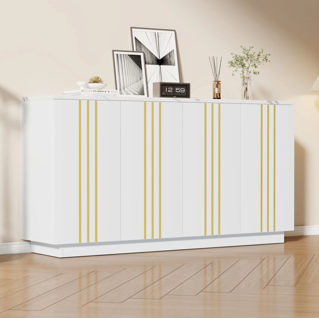 Credenza bianca e oro a 4 ante, 35 x 140 x 70 cm