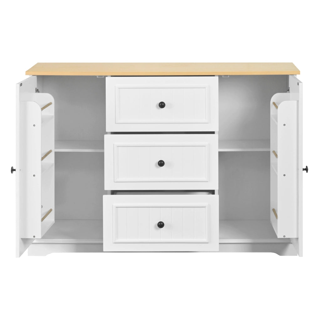 Credenza 126x40x86 cm con 3 cassetti e ripiani regolabili; MDF bianco