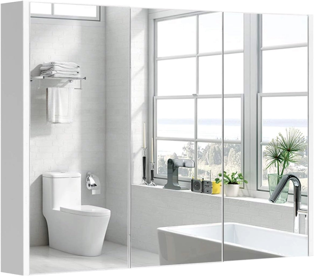 Mobile a Specchio per Bagno Armadietto Arredo con Specchio a Parete con 3 Ante e 2 Ripiani Regolabili in Altezza, Bianco, 90 x 11 x 65 cm