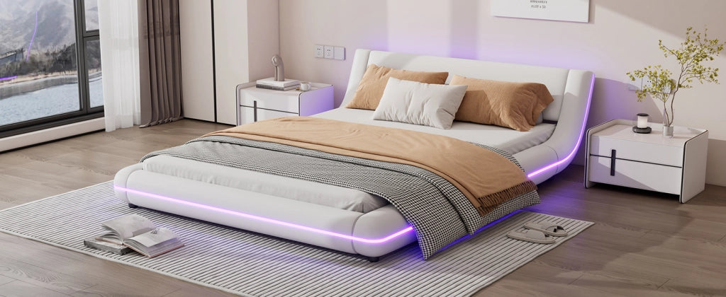 DESMIU Lit basso 140 × 200 cm 2 posti con LED regolabile, senza materasso, in PU e MDF, bianco