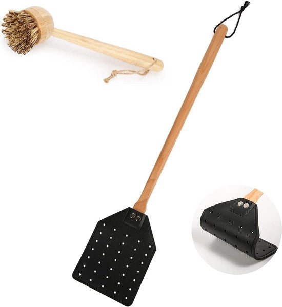 Meccanismo di schiacciamento insetti in pelle pesante con spazzola di pulizia e manico in legno lungo - schiacciapensieri portatile manuale per casa e giardino - nero