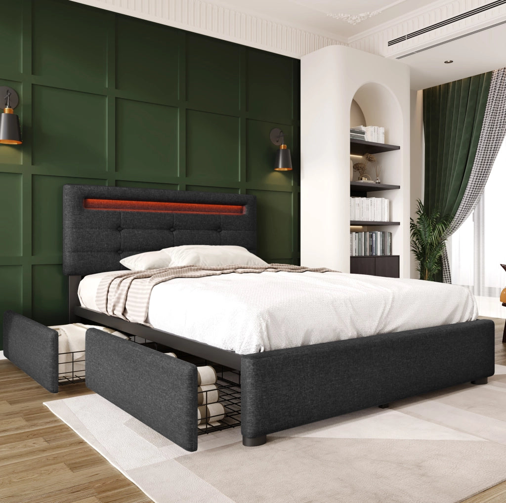 Letto singolo 90x200 cm grigio in lino, LED e 2 cassetti laterali, senza materasso