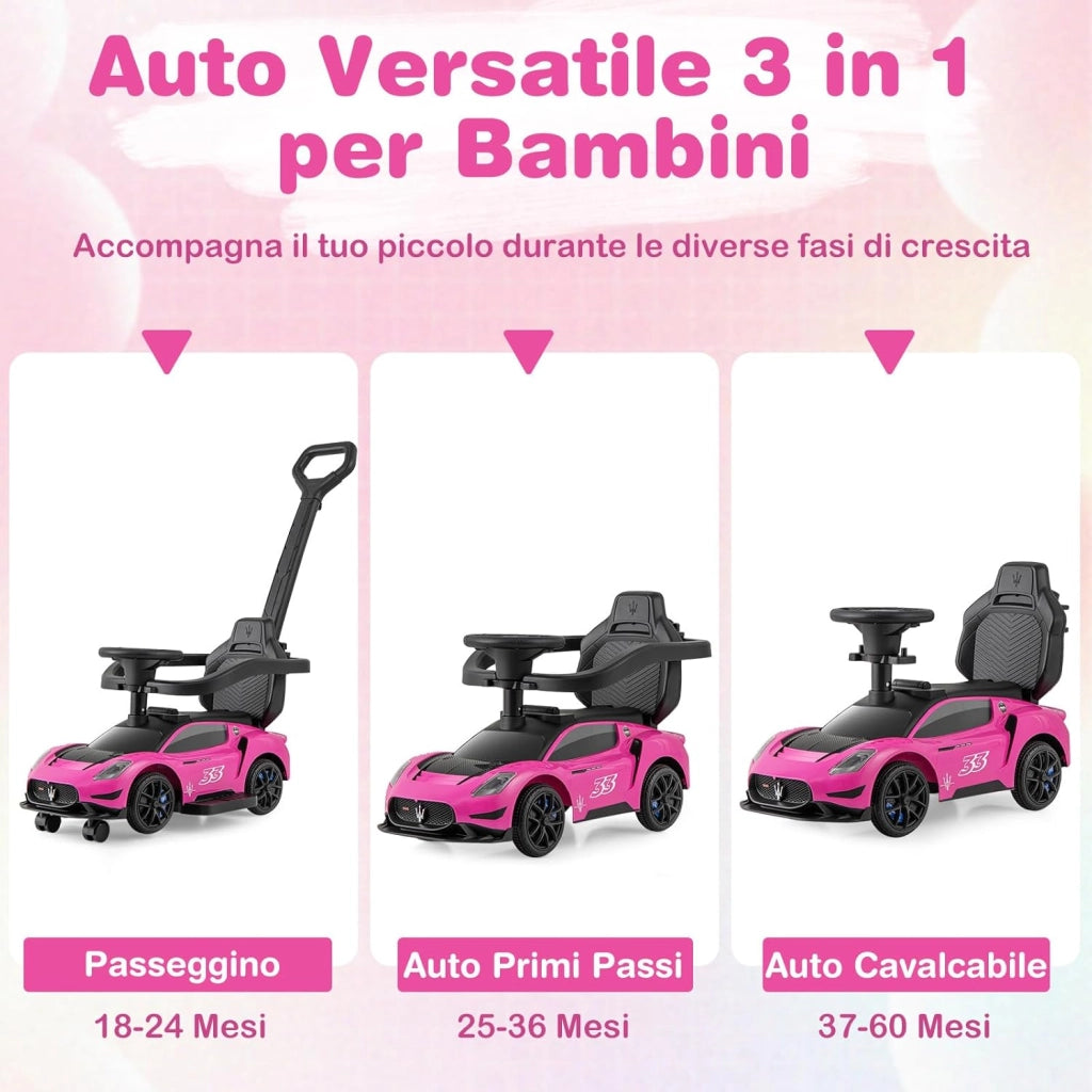 3 in 1 Maserati Auto da Spinta, Auto Scorrevole con 2 Ruote Universali Volante Musicale Paracolpi e Manubrio, Macchina Cavalcabile con Ripostiglio per Bambini 18-60 Mesi (Rosa)
